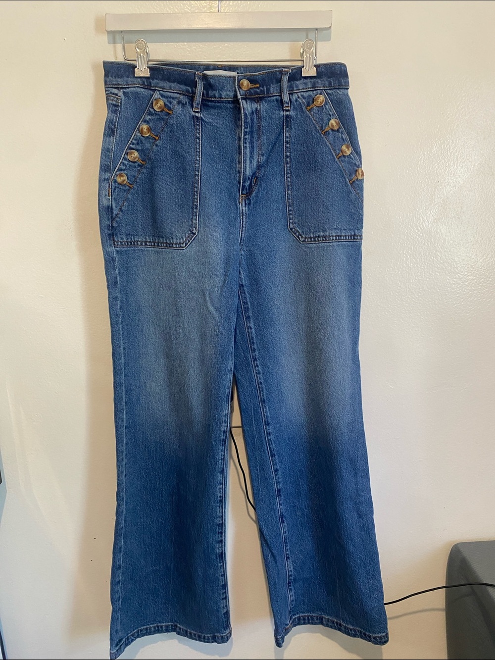 LOFT Blue Wide-Leg High-Rise Jeans with Button-Trim Pockets